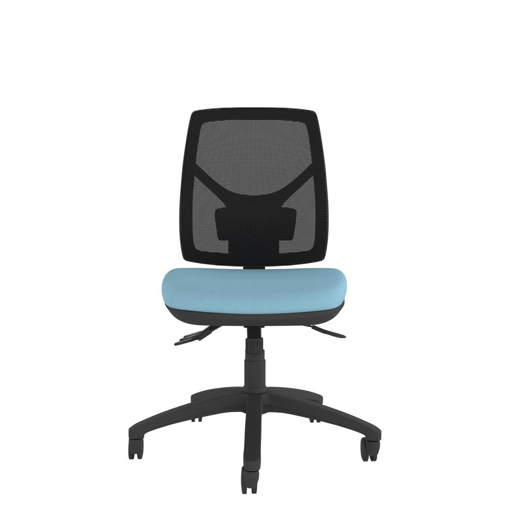 CT550 Contour High Back Chair with blue seat and black base. Front view. 