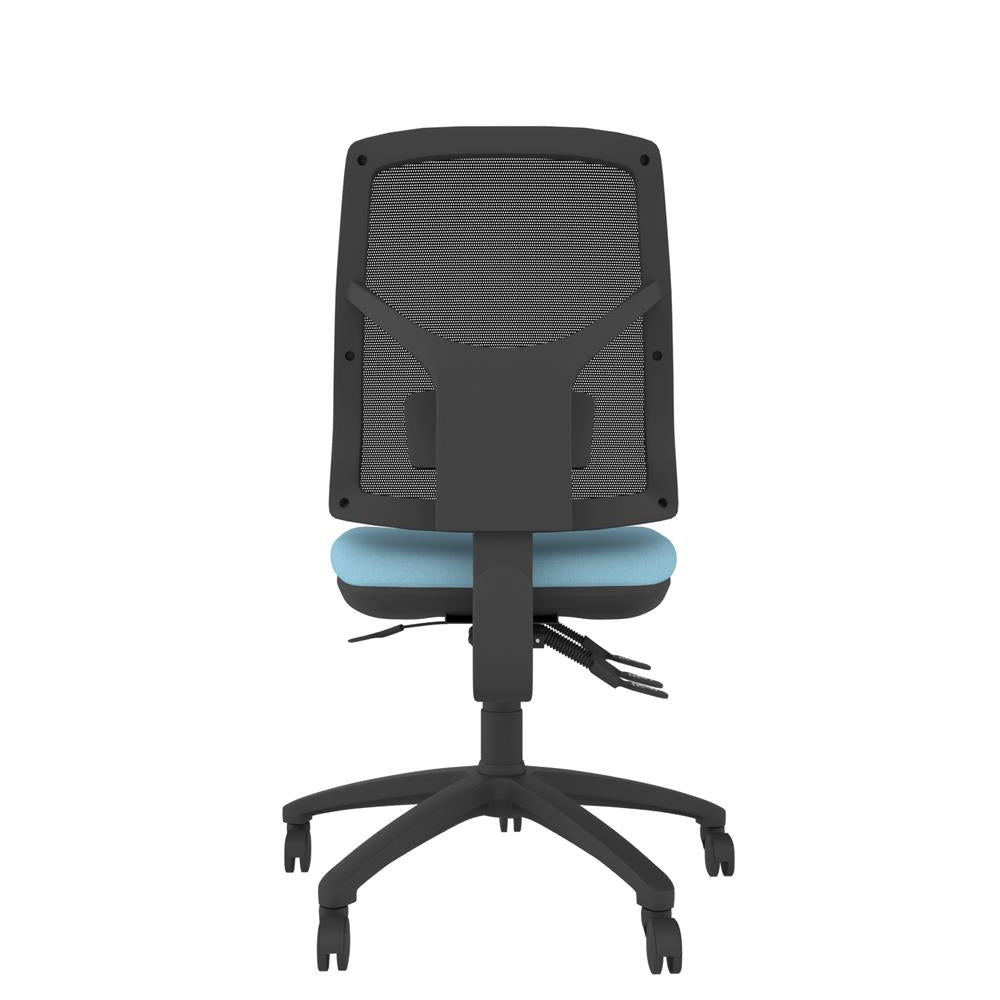 CT550 Contour High Back Chair with blue seat and black base. Back view. 