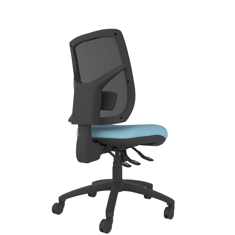 CT550 Contour High Back Chair with blue seat and black base. Back view. 