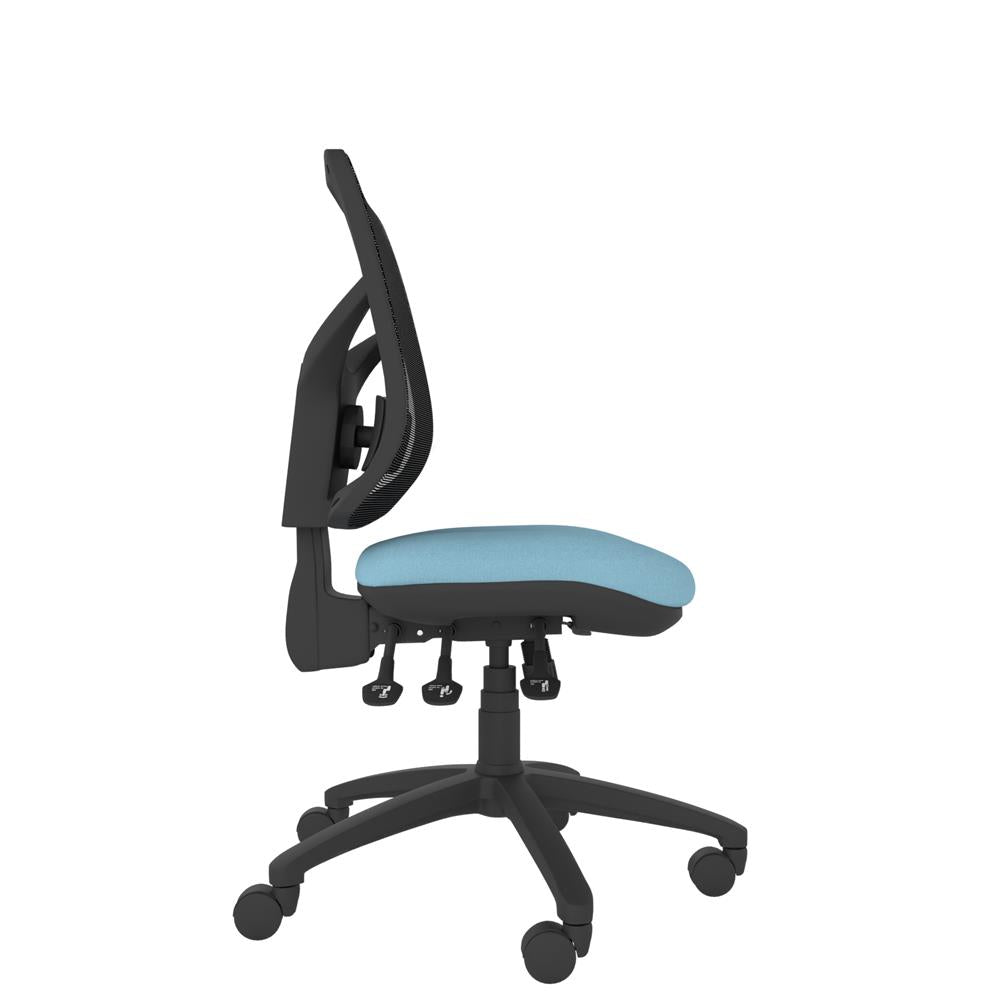 CT550 Contour High Back Chair with blue seat and black base. Side view. 