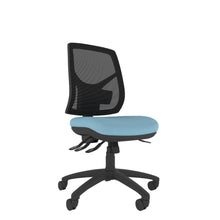 CT550 Contour High Back Chair with blue seat and black base. Front view. 