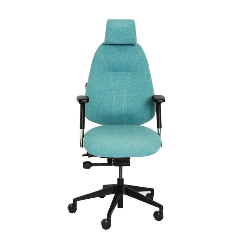 Chiropod - Ergonomic Chair in blue with black base. Front view