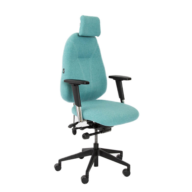 Chiropod - Ergonomic Chair in blue with black base. Side view