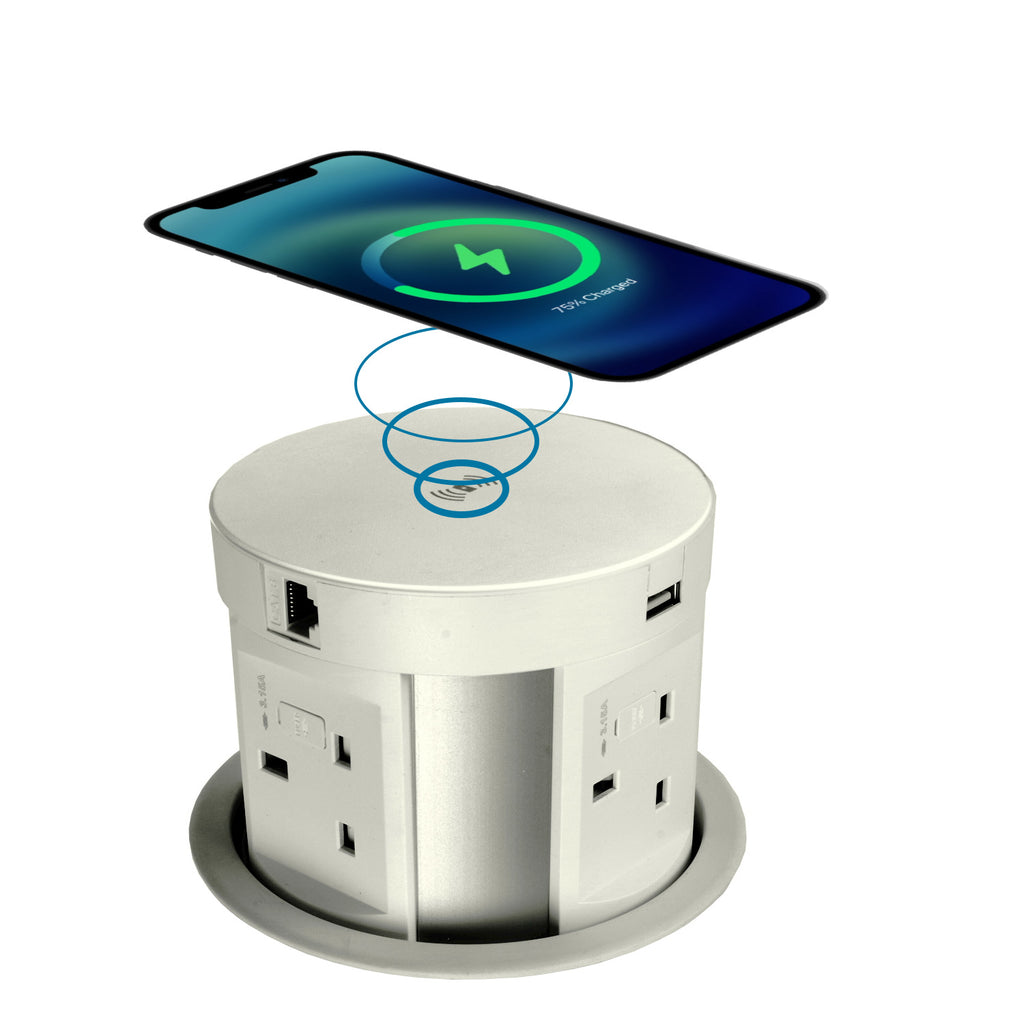 Ø120mm Pop-up Power 4 fused sockets, USB A+C, 1 Qi Wireless Charger, 1 RJ45, 1 HDMI w/ 2m GST18 Mains cable