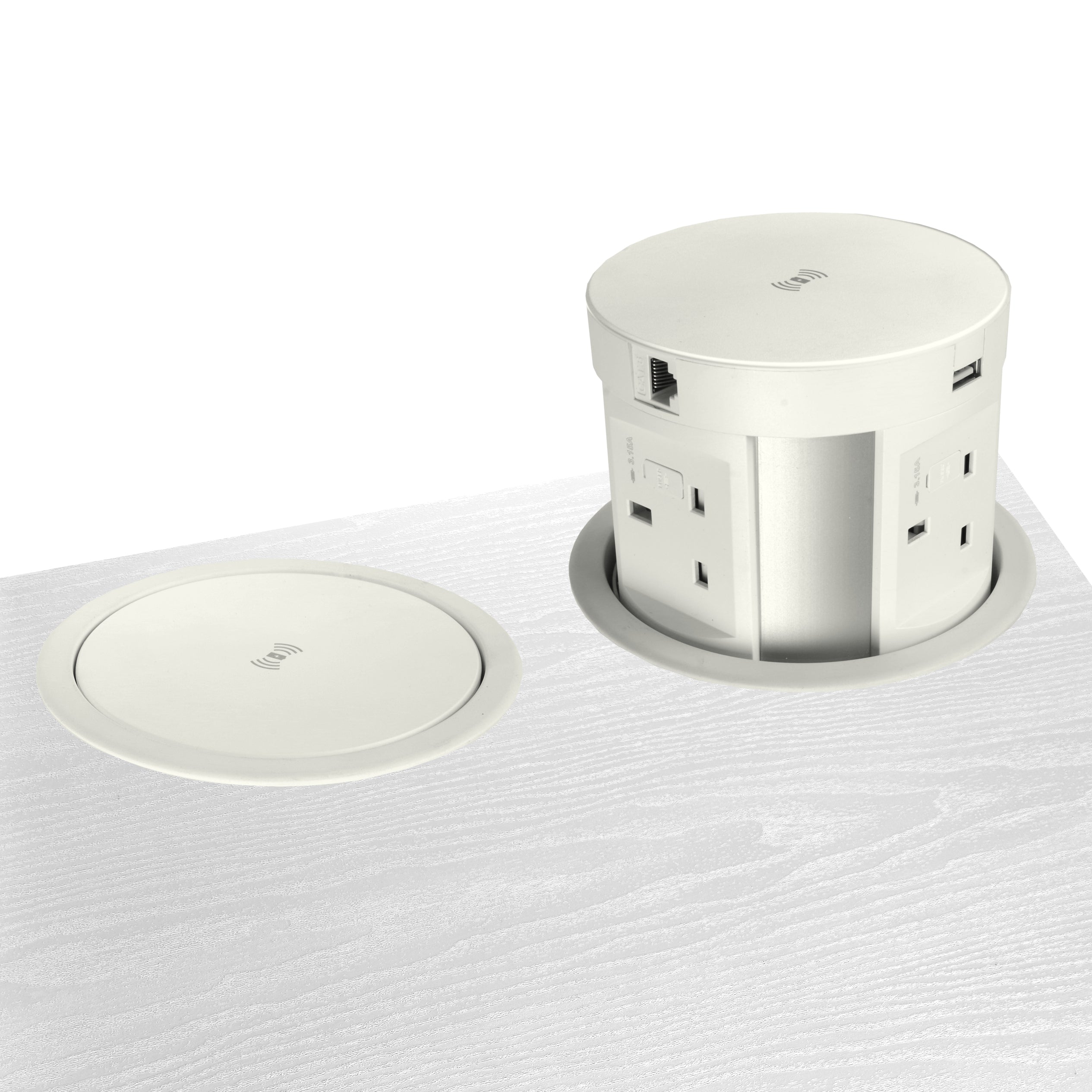 Ø120mm Pop-up Power 4 fused sockets, USB A+C, 1 Qi Wireless Charger, 1 RJ45, 1 HDMI w/ 2m GST18 Mains cable