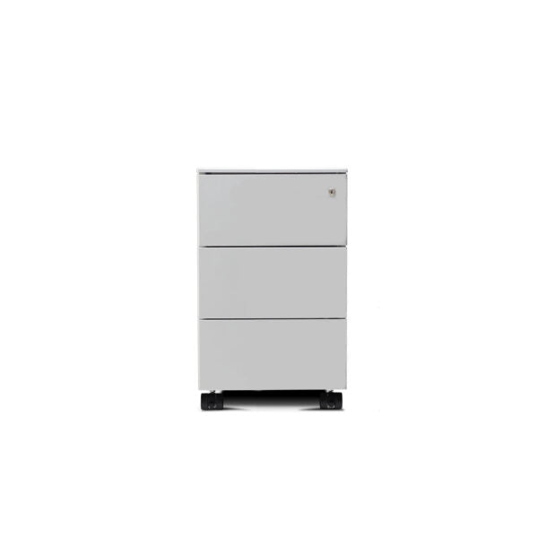 Form Slimline 3 Drawer Pedestal in white with wheels. Front view