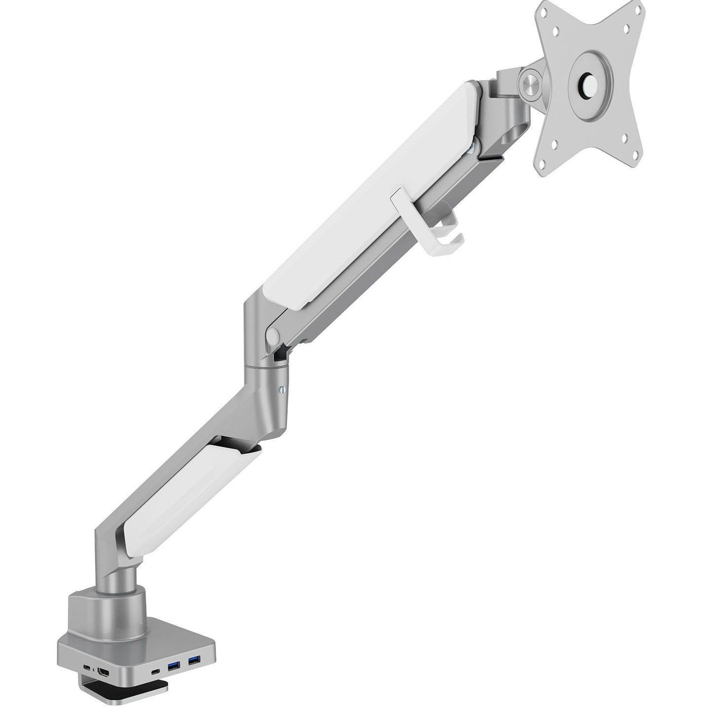 LCD 9kg Tilt/Swivel/Rotate, w/ USB C dock, top-loading desk clamp, VESA 75 or 100 - Silver single arm