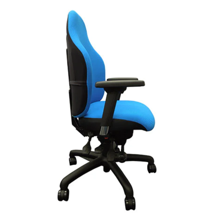 Adapt V600 V-Trak Ergonomic Chair in blue with black base, side view