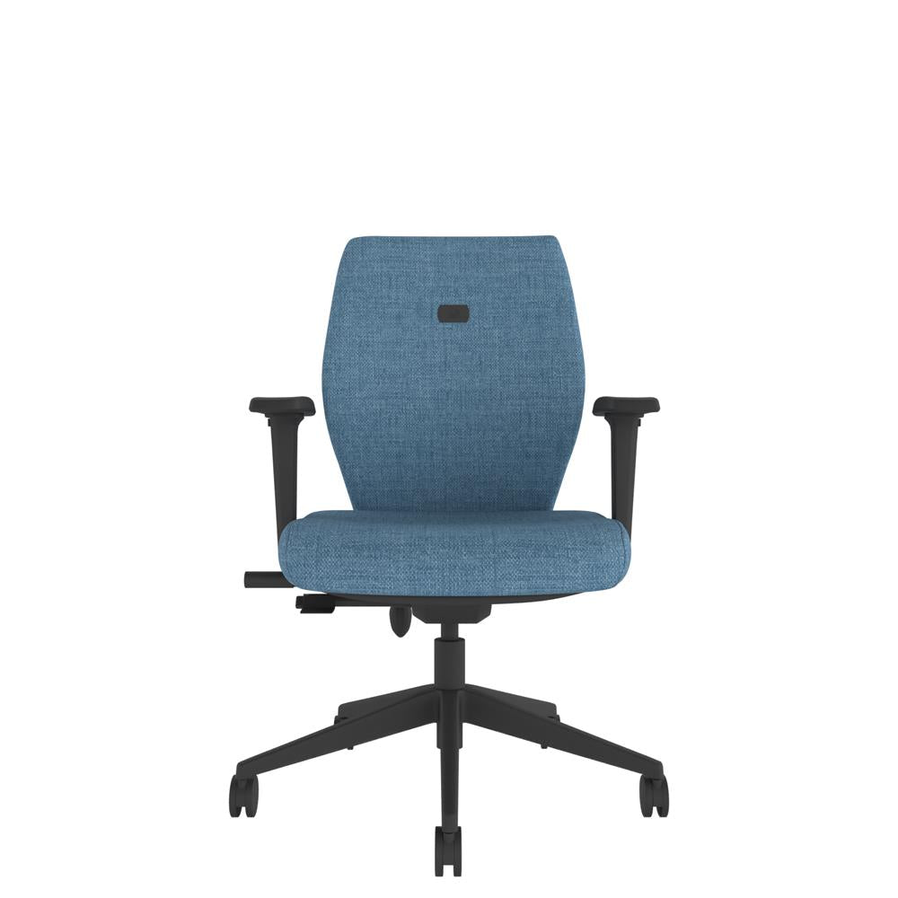 ICM 102 Upholstered Medium Back Ergonomic Chair With 2D Arms in blue with  black base, front view
