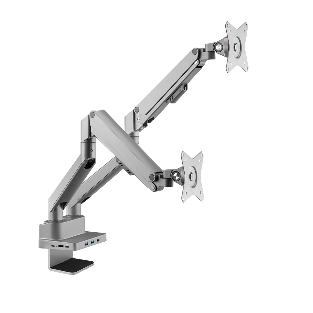 LCD 9kg Tilt/Swivel/Rotate, w/ USB C dock, top-loading desk clamp, VESA 75 or 100 - Silver dual arm