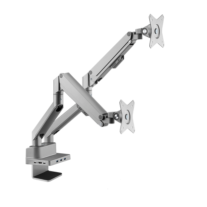LCD 9kg Tilt/Swivel/Rotate, w/ USB C dock, top-loading desk clamp, VESA 75 or 100 - Silver dual arm
