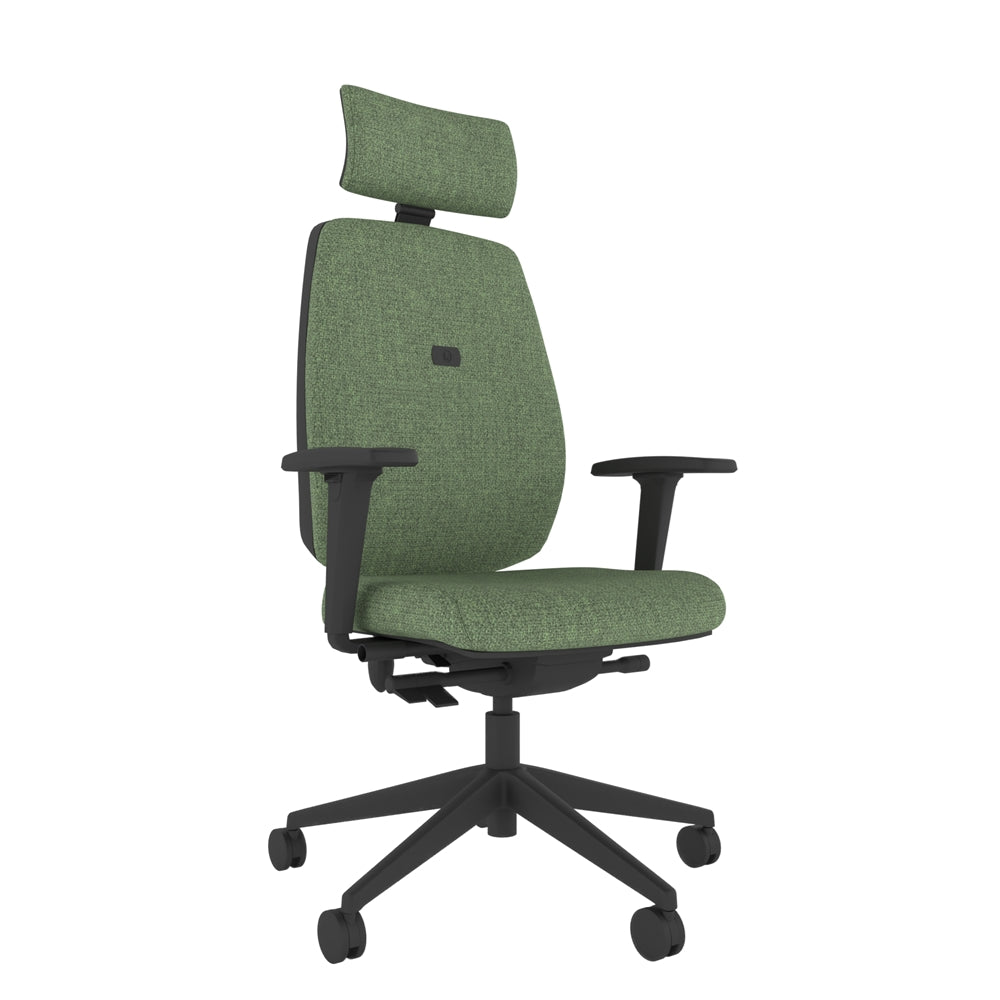 YE102 YOU Upholstered Ergo Chair With 2D Armsi in green with green neck rest and black base